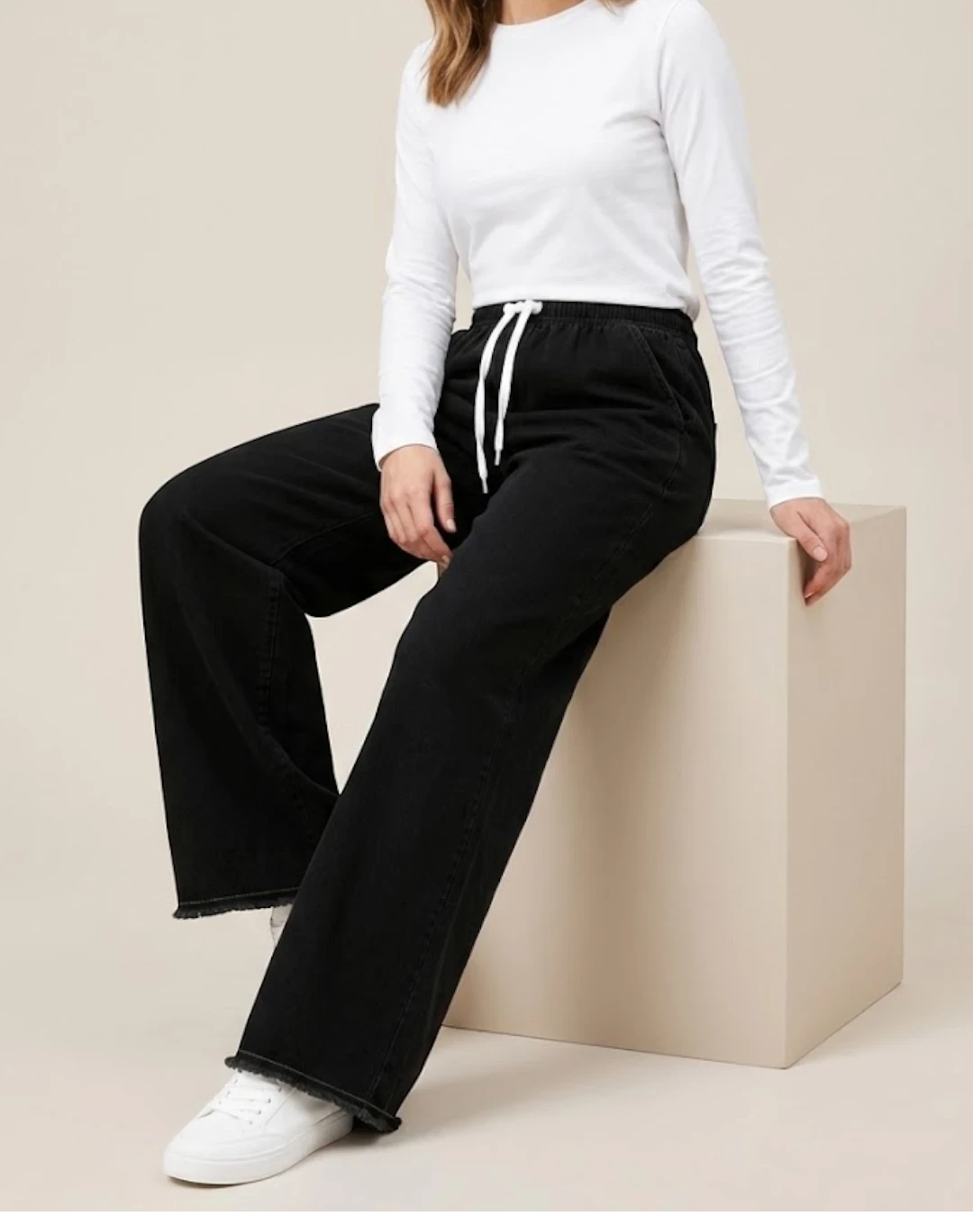 Black Women’s Wide Leg Drawstring Denim Jeans Trouser – Free Size Standard Waist