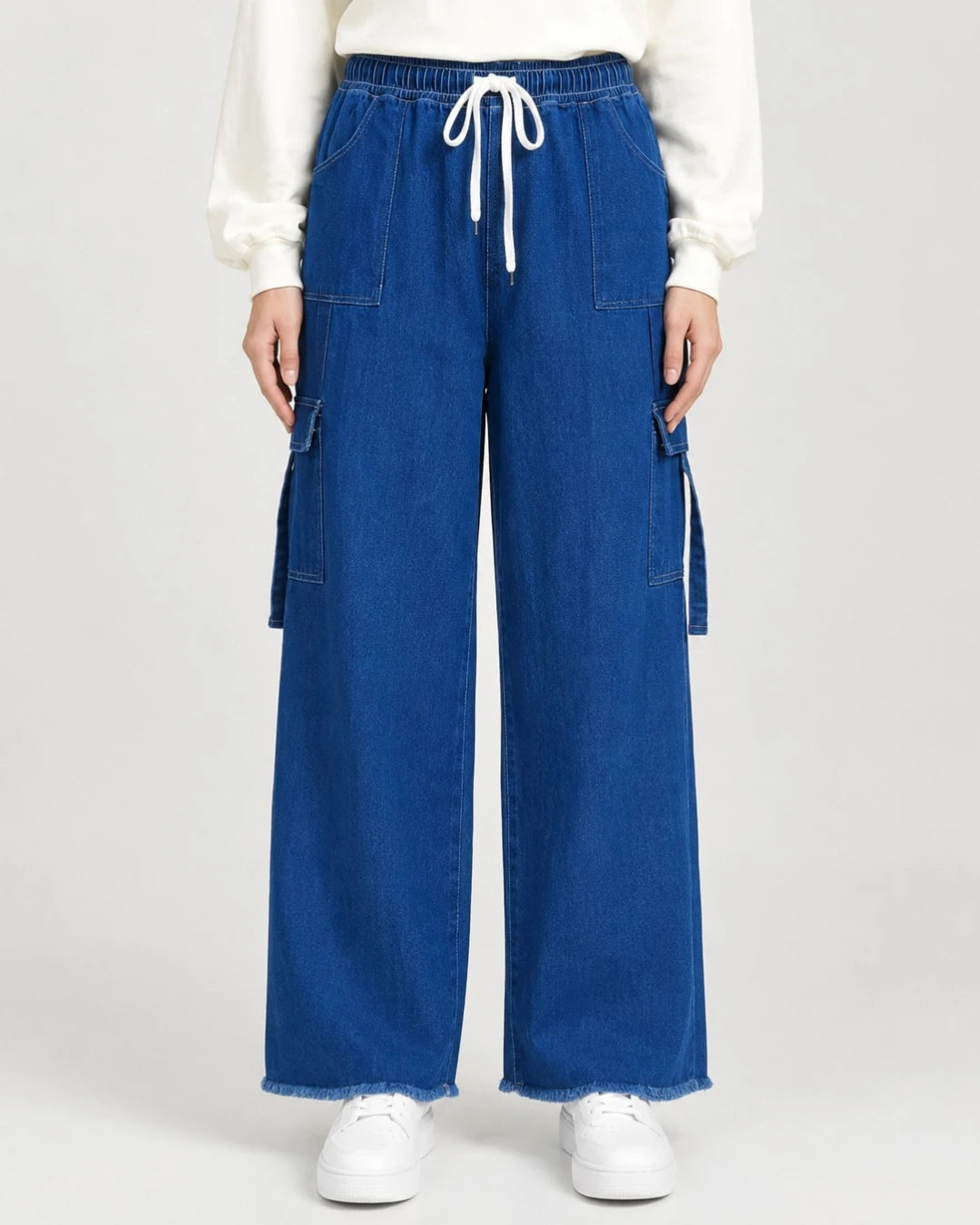 Women’s Blue Cargo Drawstring Denim Jeans Trouser – Free Size Standard Waist