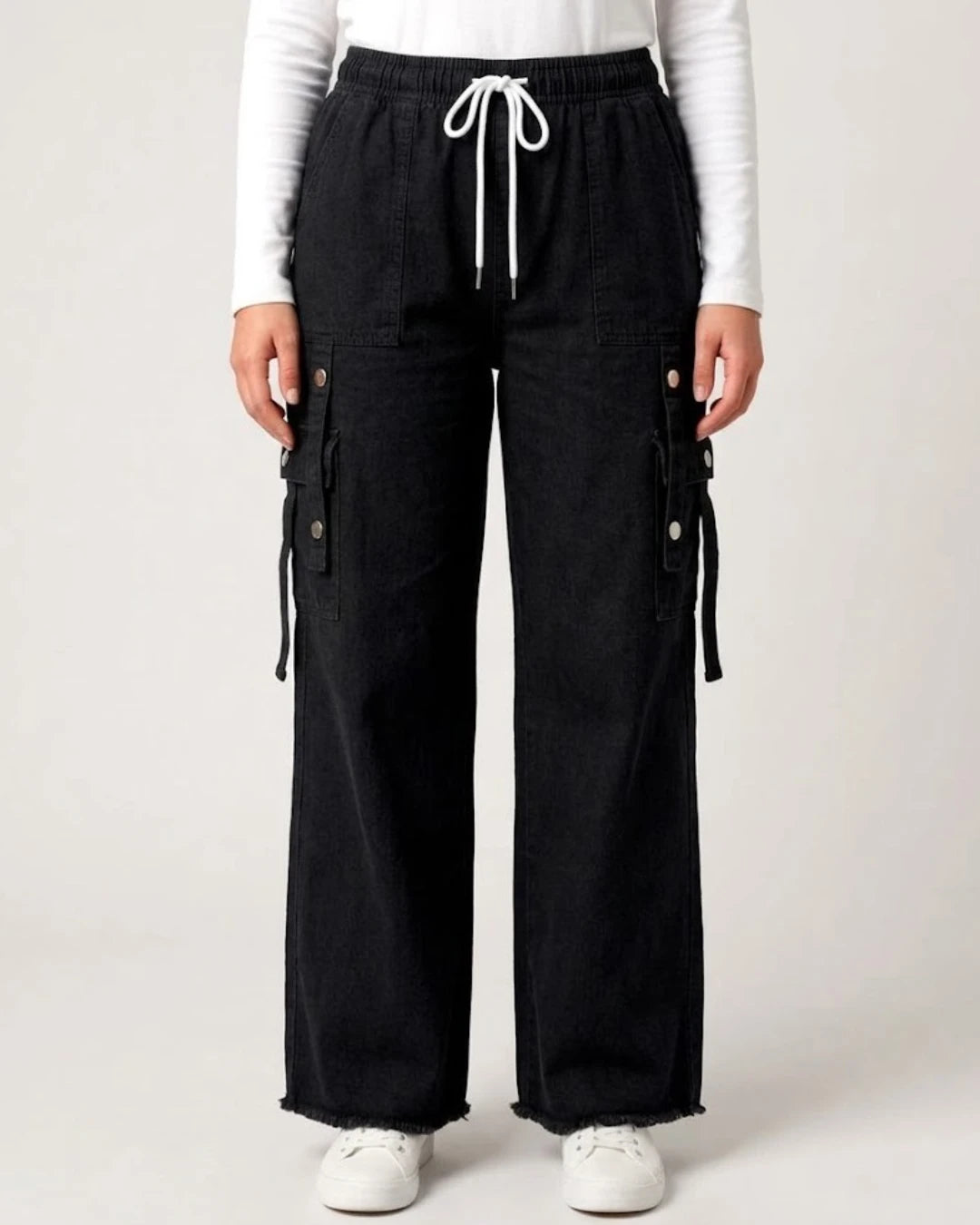 Women’s Black Cargo Drawstring Denim Jeans Trouser – Free Size Standard Waist