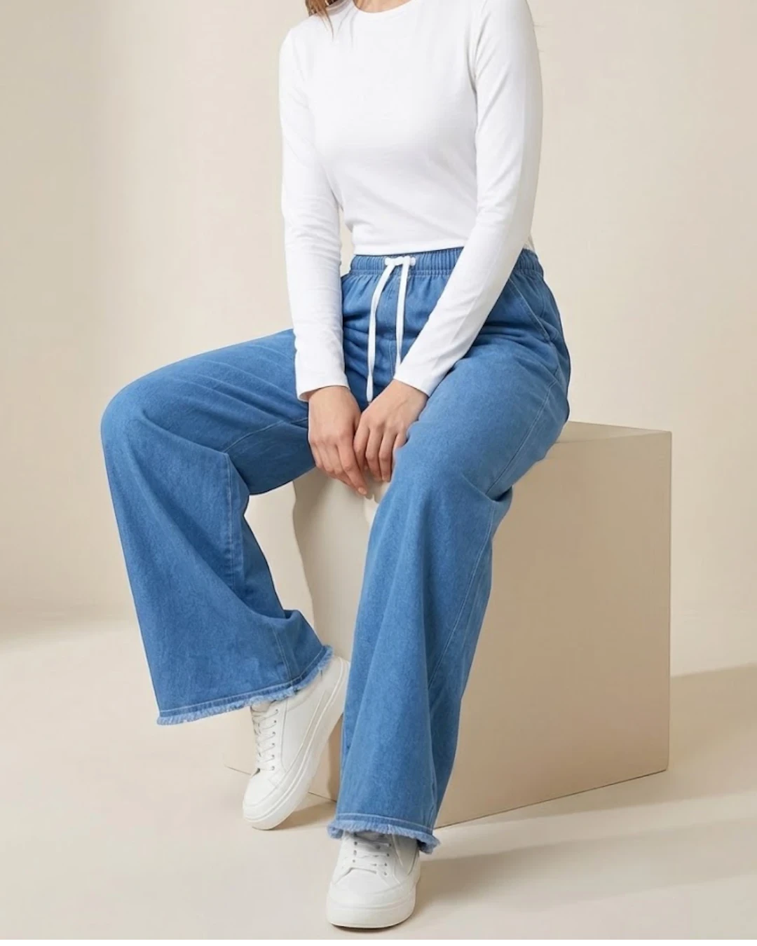 Blue Women’s Wide Leg Drawstring Denim Jeans Trouser – Free Size Standard Waist