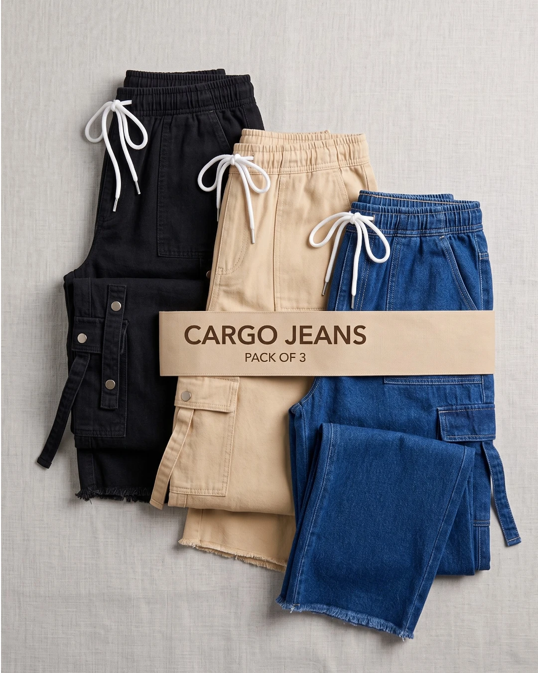 Pack OF 3 Women’s Cargo Drawstring Denim Jeans Trouser – Free Size Standard Waist