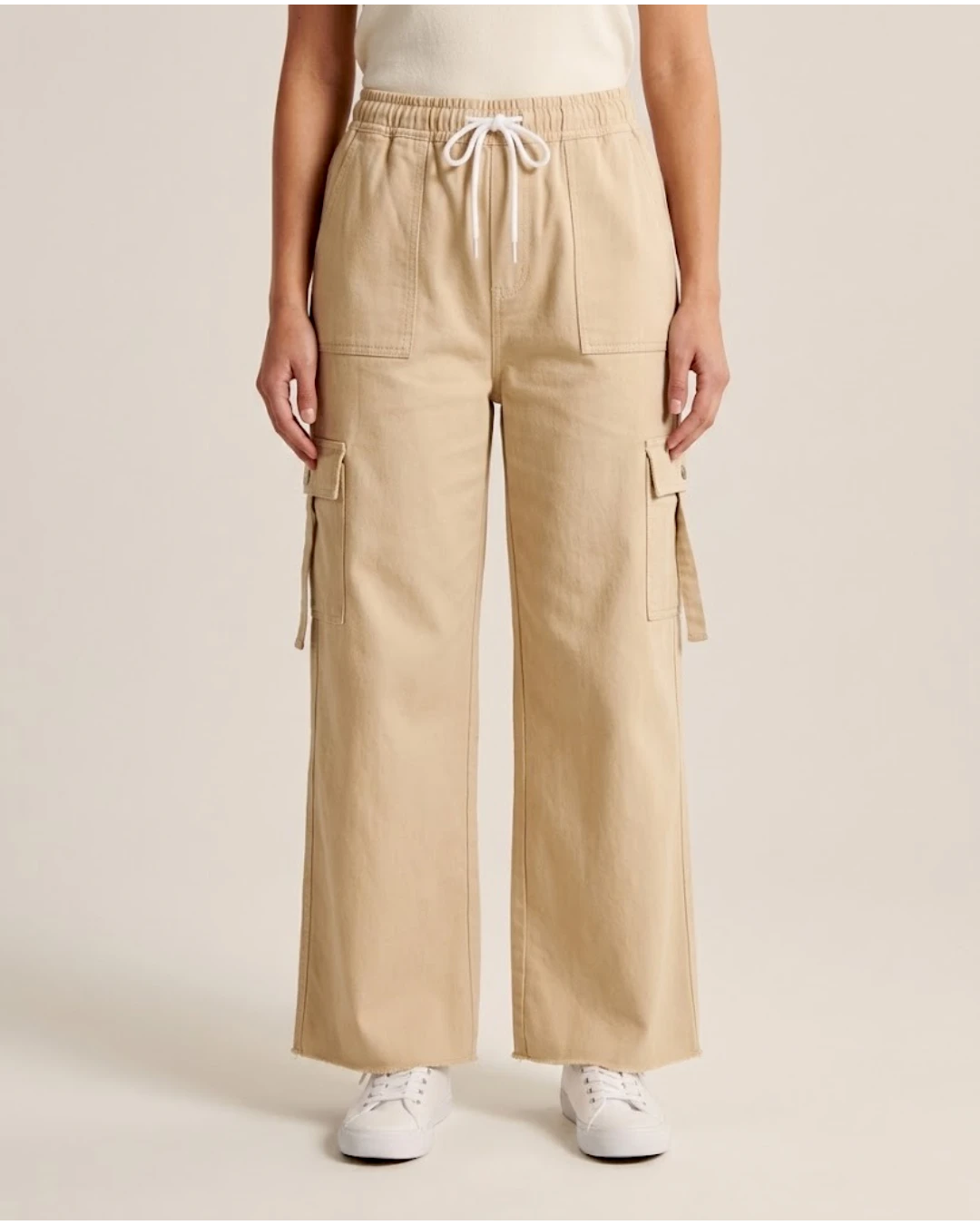 Women’s Beige Cargo Drawstring Denim Jeans Trouser – Free Size Standard Waist