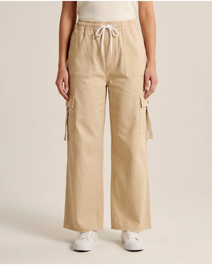 Women’s Beige Cargo Drawstring Denim Jeans Trouser – Free Size Standard Waist