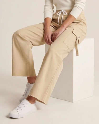 Women’s Beige Cargo Drawstring Denim Jeans Trouser – Free Size Standard Waist