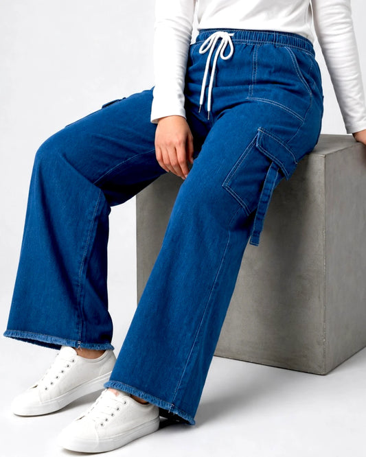 Women’s Blue Cargo Drawstring Denim Jeans Trouser – Free Size Standard Waist