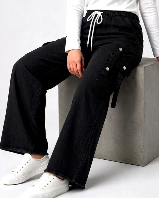 Women’s Black Cargo Drawstring Denim Jeans Trouser – Free Size Standard Waist