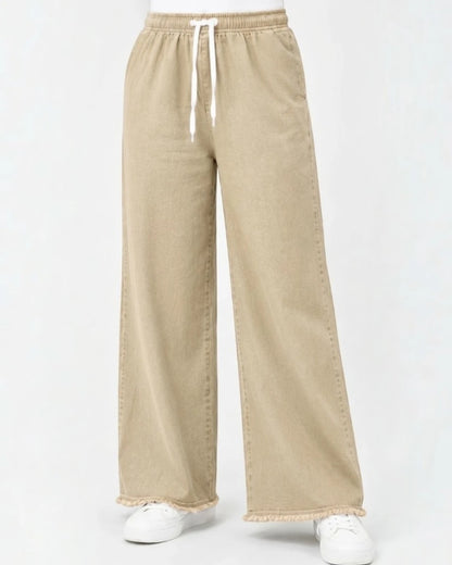 Beige Women’s Wide Leg Drawstring Denim Jeans Trouser – Free Size Standard Waist