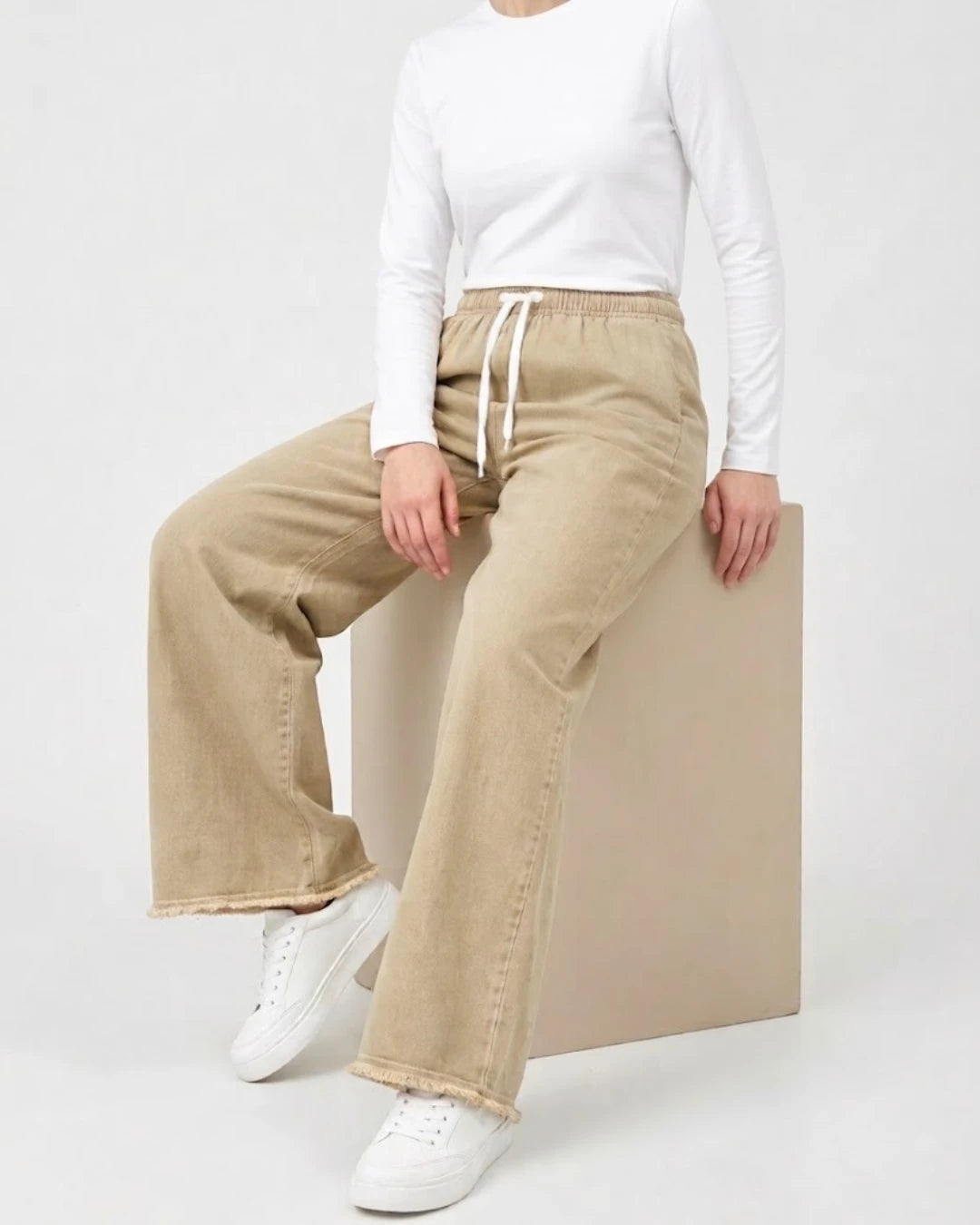 Beige Women’s Wide Leg Drawstring Denim Jeans Trouser – Free Size Standard Waist