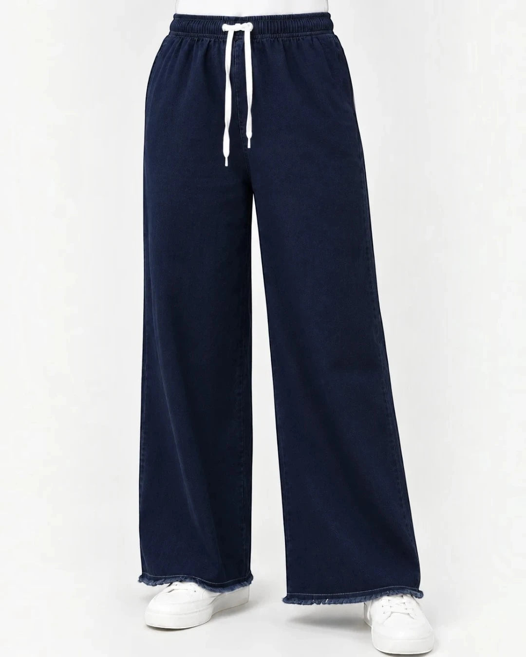 Navy Blue Women’s Wide Leg Drawstring Denim Jeans Trouser – Free Size Standard Waist
