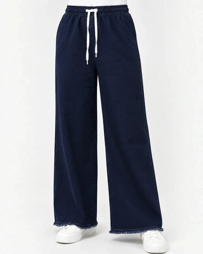 Navy Blue Women’s Wide Leg Drawstring Denim Jeans Trouser – Free Size Standard Waist