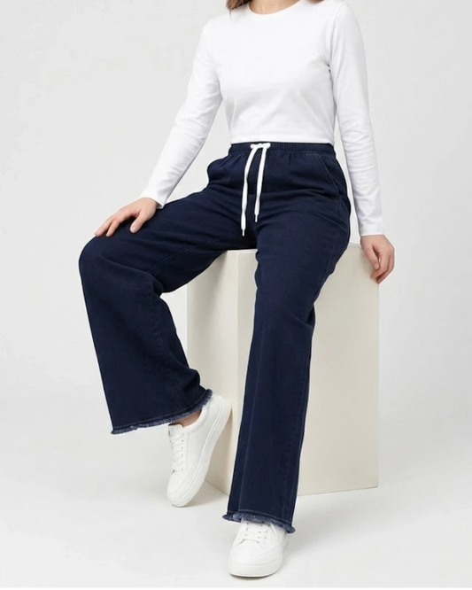 Navy Blue Women’s Wide Leg Drawstring Denim Jeans Trouser – Free Size Standard Waist