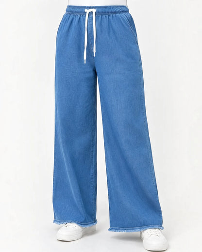 Blue Women’s Wide Leg Drawstring Denim Jeans Trouser – Free Size Standard Waist
