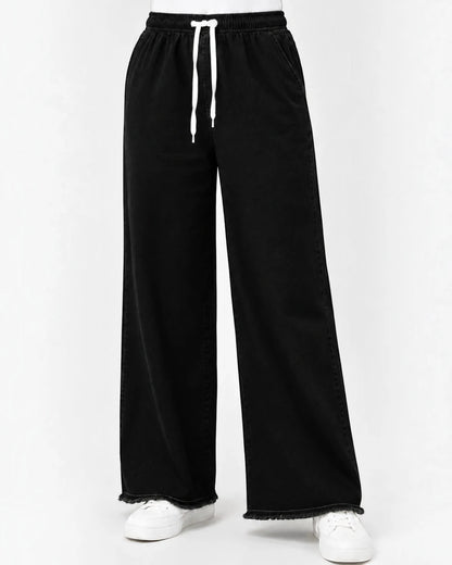 Black Women’s Wide Leg Drawstring Denim Jeans Trouser – Free Size Standard Waist
